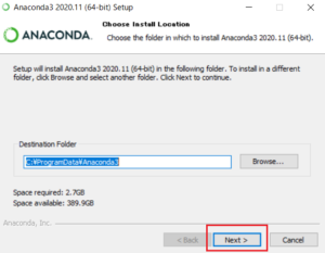 Anaconda（Windows10）インストール先のディレクトリ