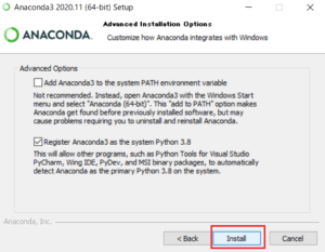 Anaconda（Windows10）オプション選択画面